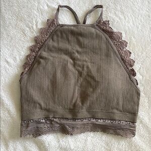 Brown Sleeveless Tank Top with Ribbed Texture and Ruffled Lace Trim